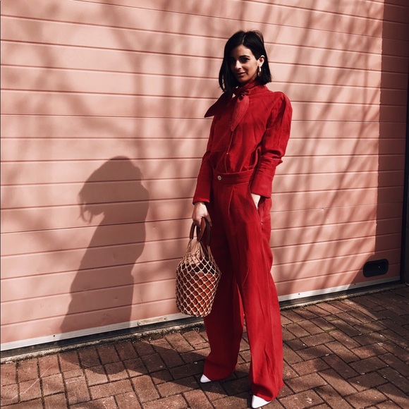 MANGO Red Contrast Seam Wide Leg Pants - Picture 1 of 11